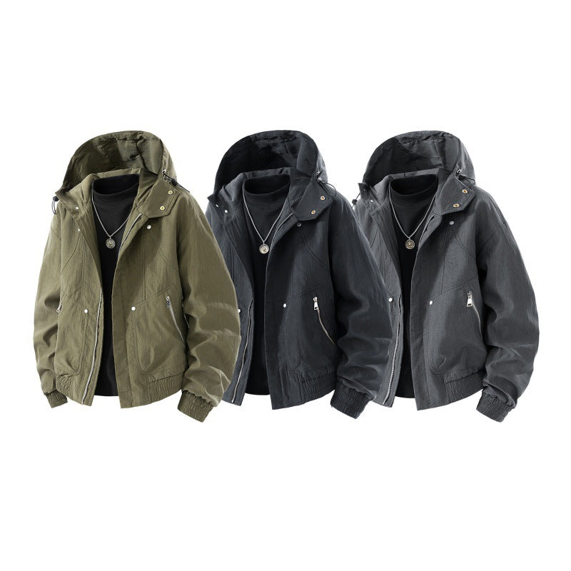 Herren leichte Utility-Hoodie-Jacke mit verstaubarer Kapuze, wasserabweisender Beschichtung, Reißverschluss-Taschen und elastischen Bündchen – Cavarno