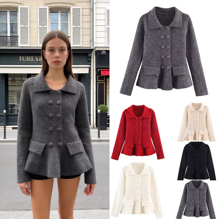 Damen Strukturierte Strickjacke mit Doppelreiher, taillenbetontem Peplum und Pattentaschen Echo Archiv
