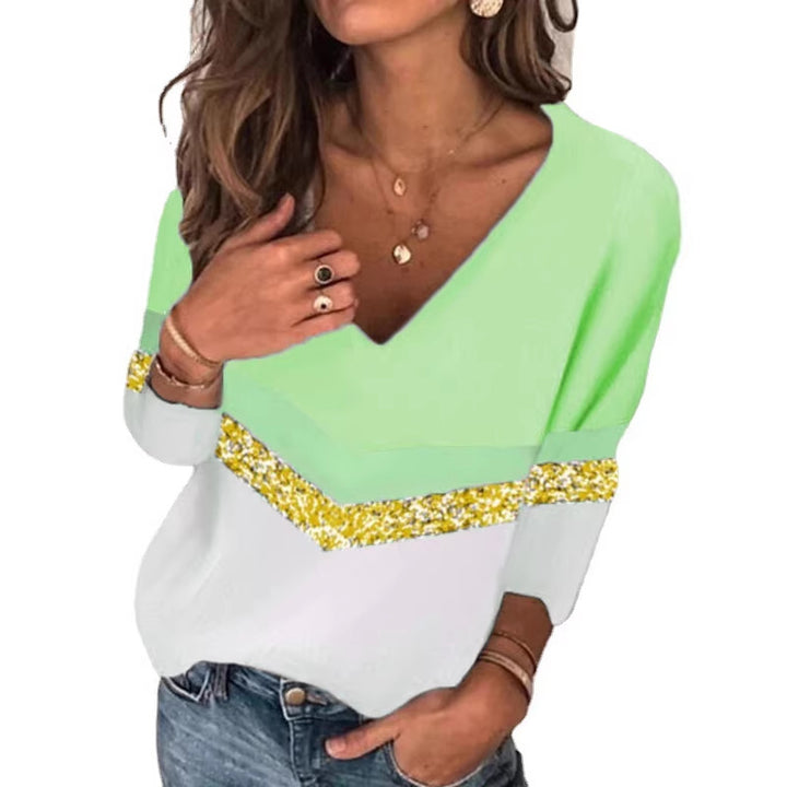 Damen Stylischer V-Ausschnitt Feinstrickpullover mit Glitzerband und Colorblock-Einsatz Echoarchiv