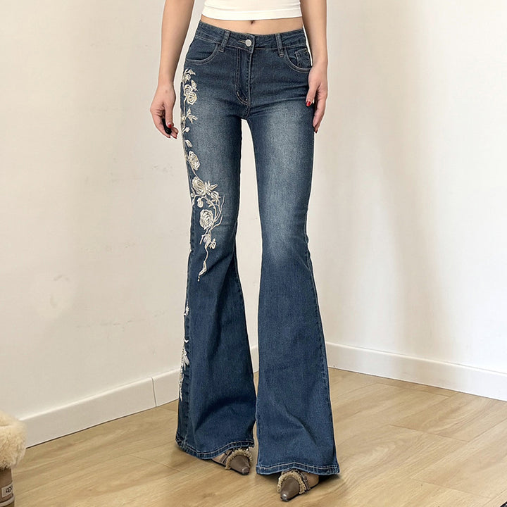 Damen Bestickte Schlagjeans mit hoher Taille und figurformender Passform Echo Archiv
