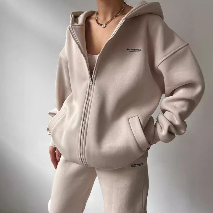 Damen Oversize Kapuzen-Sweatjacke mit Reißverschluss und High-Waist Jogginghose Set Echoarchiv