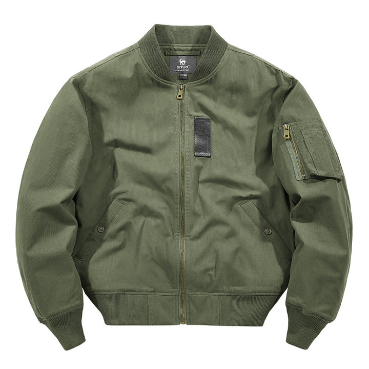 Men's rugged cotton-twill flight bomber jacket with utility sleeve pocket and reinforced ribbed trims – Brevano