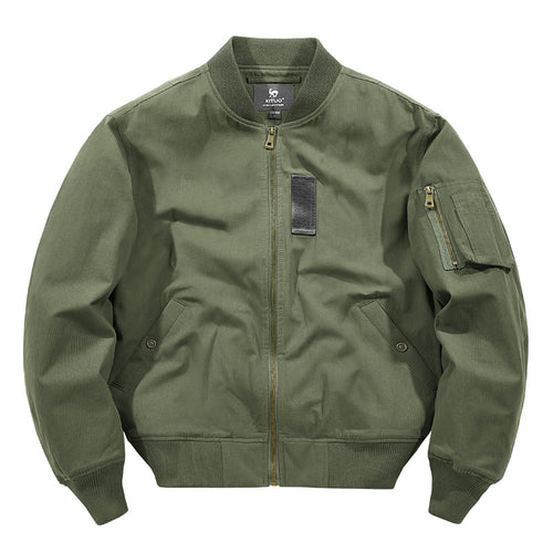 Men's rugged cotton-twill flight bomber jacket with utility sleeve pocket and reinforced ribbed trims – Brevano