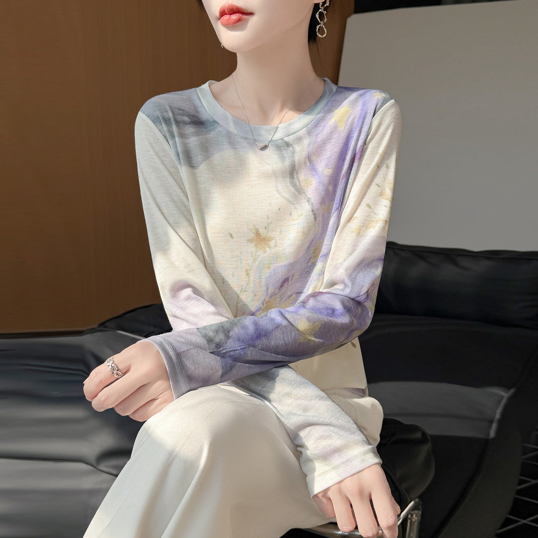 Damen Leichtes Langarmshirt aus Viskose-Mix mit Aquarellprint und Rundhalsausschnitt Echoarchiv