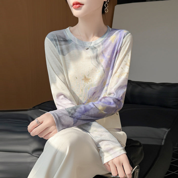 Damen Leichtes Langarmshirt aus Viskose-Mix mit Aquarellprint und Rundhalsausschnitt Echoarchiv