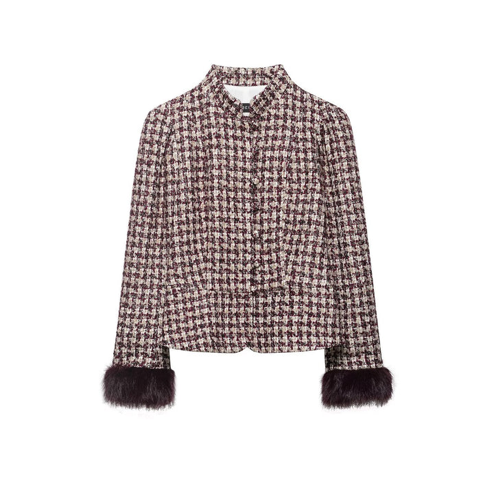Damen Bouclé-Tweed Jacke mit Stehkragen und Kunstpelzmanschetten Echo Archiv