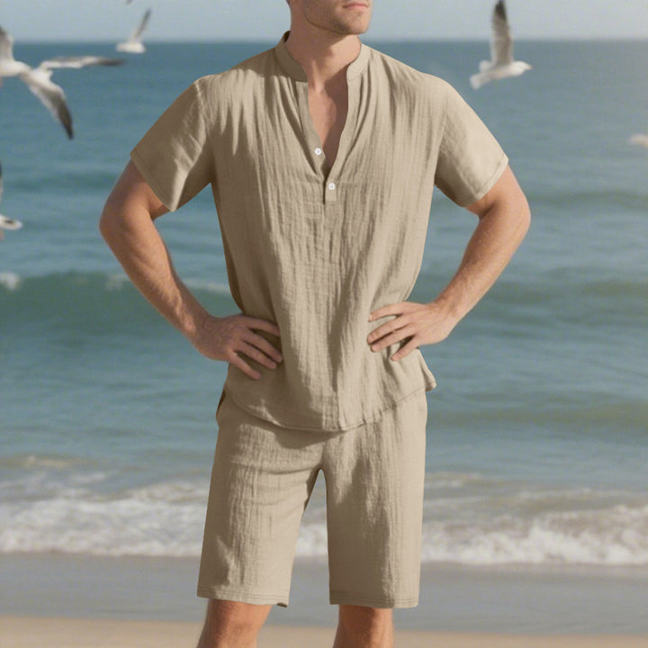 Herren elegantes Kurzarm-Set mit innovativer Knopfleiste und bequemen Hosen Echoarchiv