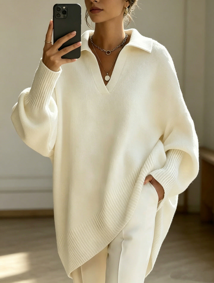 Damen Oversize-Polokragen V-Ausschnitt Strickpullover mit Ballonärmeln – Mavelle
