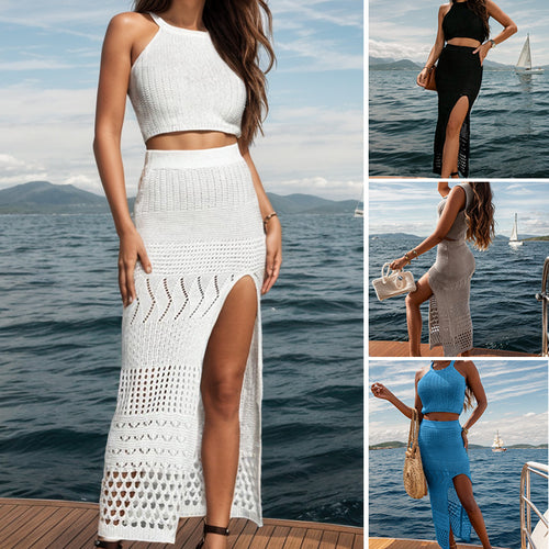 Damen gehäkeltes Maxi-Rock-Outfit mit femininen Schlitzdetails und cropped Oberteil Echo Archiv