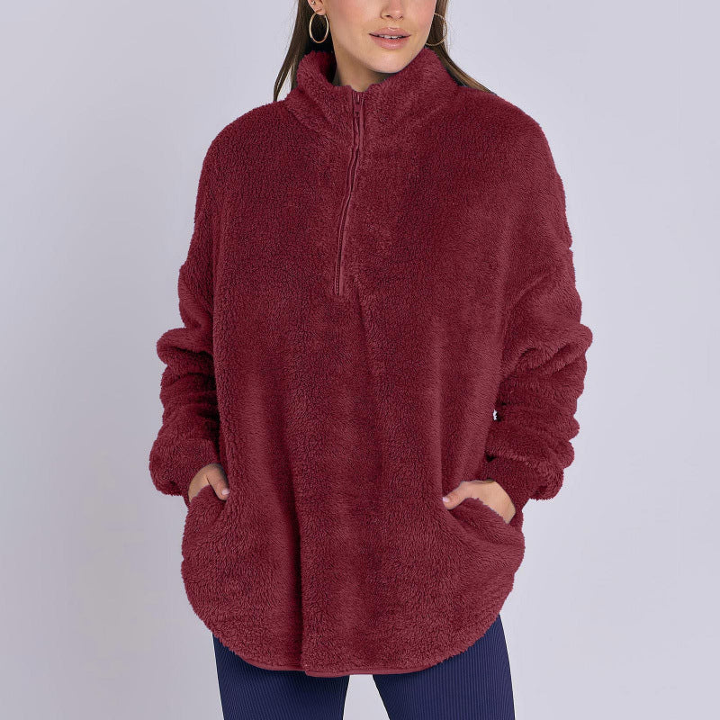 Damen Flauschiger Oversize-Sherpa-Pullover mit Halbzip und Kängurutaschen Echo Archiv