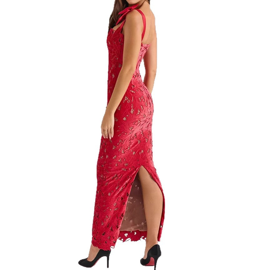Damen nan figurbetontes bodenlanges Spitzenabendkleid in Säulenform mit Zierschleifen-Trägern Echo Archiv