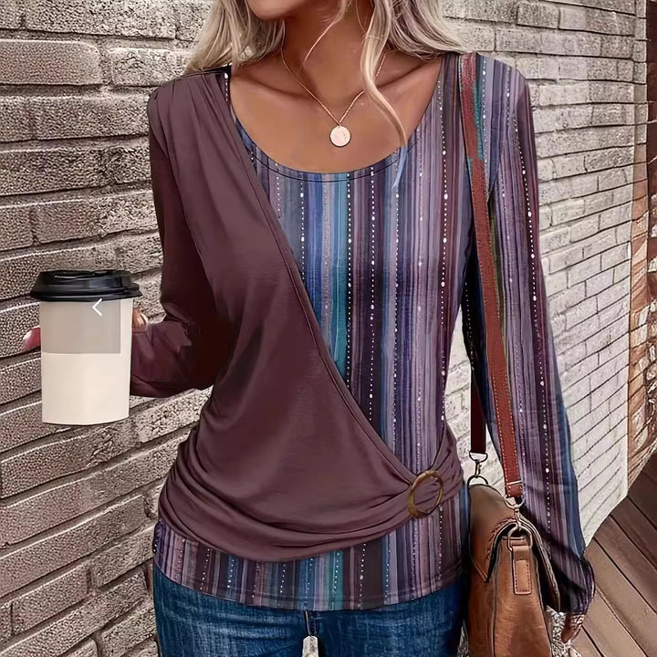 Damen Lagenlook Wickel‑Shirt mit asymmetrischer Drapierung und gestreiftem Unterteil – Orélia