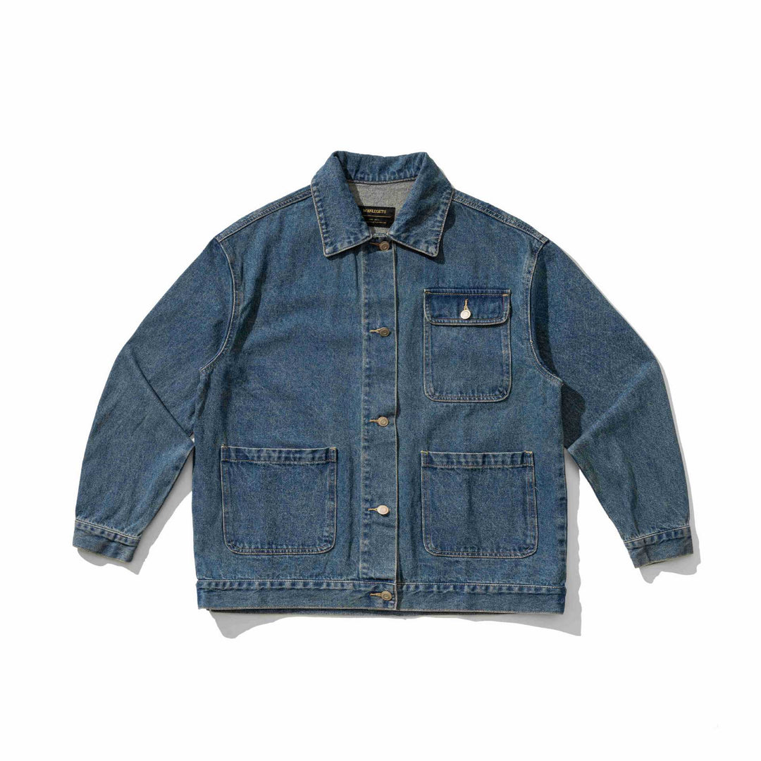 Unisex Robustess Denim‑Workwear‑Blouson mit Hemdkragen und großen Pattentaschen Echoarchiv