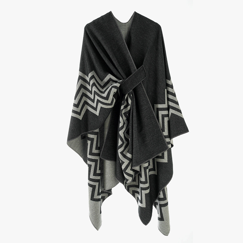 Damen Oversize Rechteck-Cape mit Jacquard-Zickzackmuster und Bindegürtel – Avérine