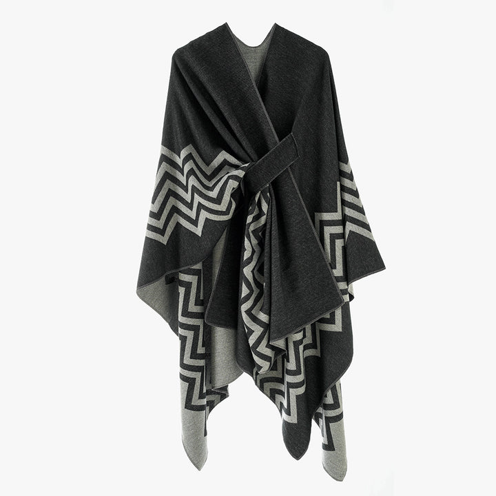 Damen Oversize Rechteck-Cape mit Jacquard-Zickzackmuster und Bindegürtel – Avérine
