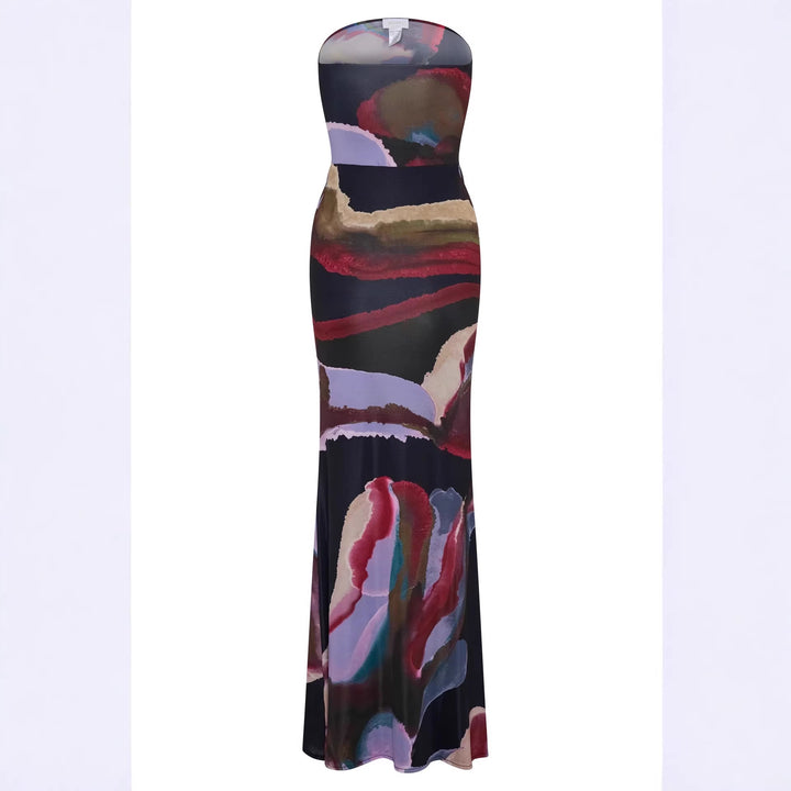 Damen Strapless Maxikleid mit fließendem Stoff und kunstvollem Druck Echo Archiv