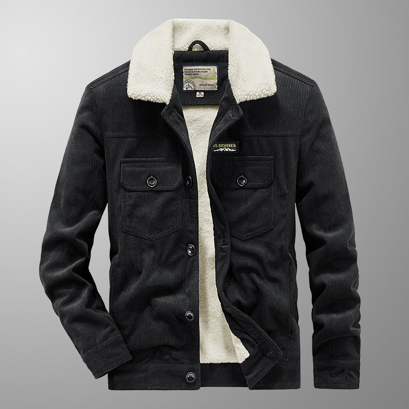 Herren Cord-Workerjacke im Truckerstil mit Druckknopfverschluss und Pattentaschen Echoarchiv