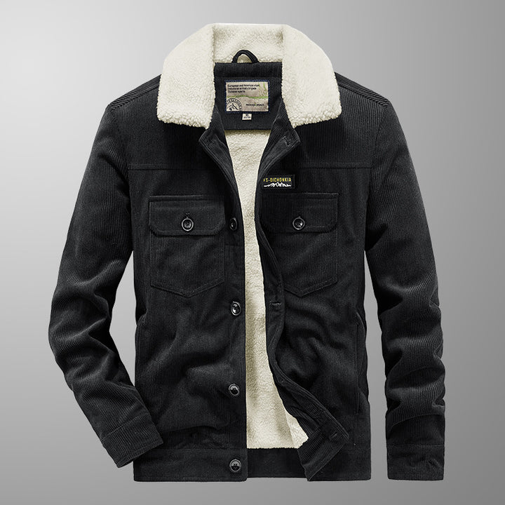 Herren Cord-Workerjacke im Truckerstil mit Druckknopfverschluss und Pattentaschen Echoarchiv