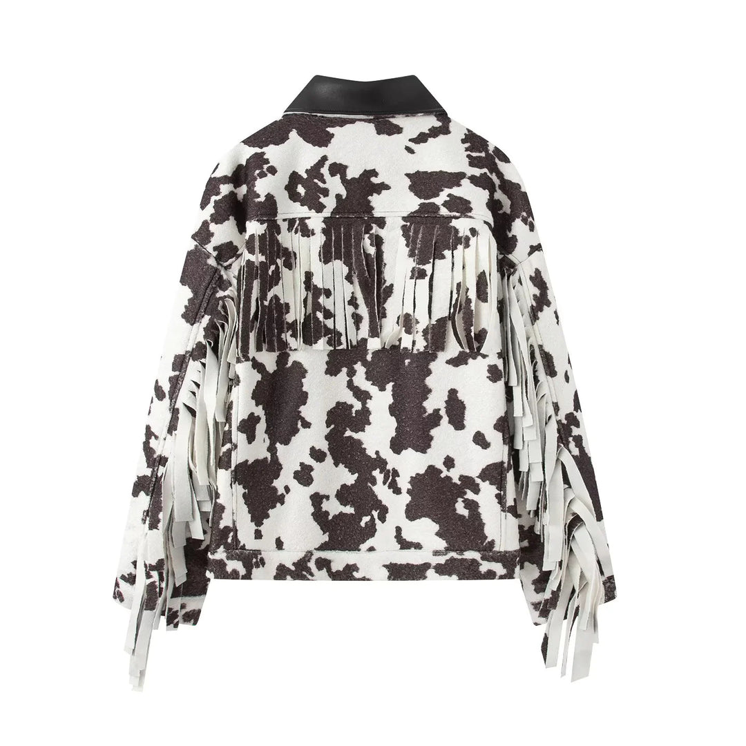 Damen nan oversized Teddyjacke mit Kuhflecken-Print und Lederimitat-Kragen Echo Archiv