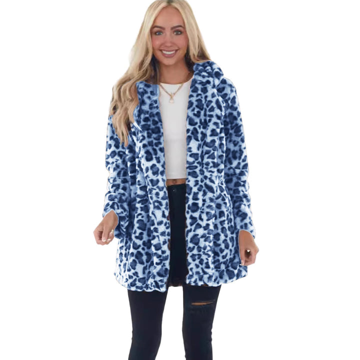 Damen Kunstfell Leopardenmuster Kapuzen Plüsch Mid-Length Mantel – Montévia