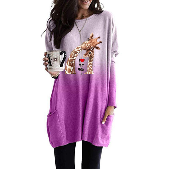 Frauen Übergroße Sweatkleid mit Giraffenmuster, Rundhalsausschnitt und Seitentaschen Echoarchiv