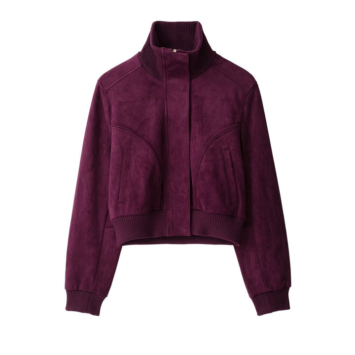 Damen Kurze Velours‑Optik‑Bomberjacke mit hohem Rippstehkragen und verdecktem Reißverschluss Echoarchiv
