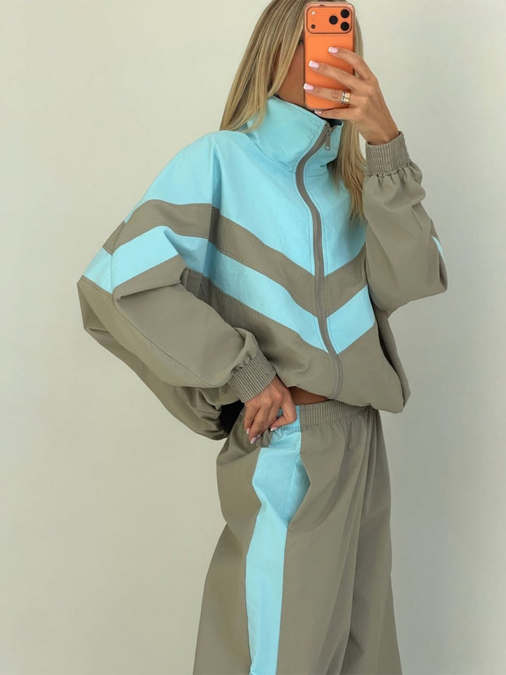 Damen Oversize-Trainingsanzug-Set mit Stehkragen und Kontraststreifen Echoarchiv