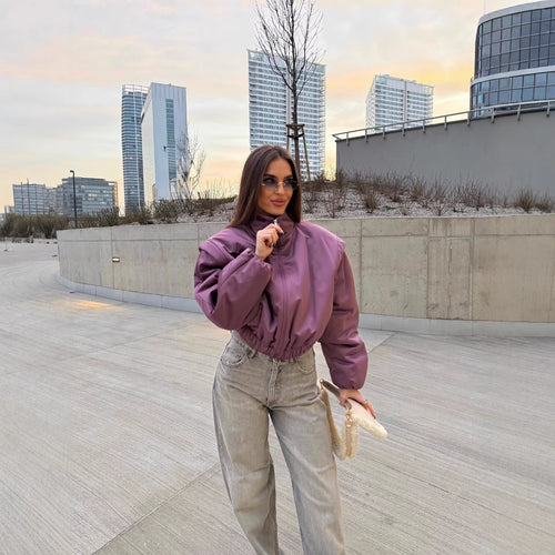 Damen Gepolsterte Cropped-Übergangsjacke mit Stehkragen, Ballonärmeln und elastischem Saum Echoarchiv