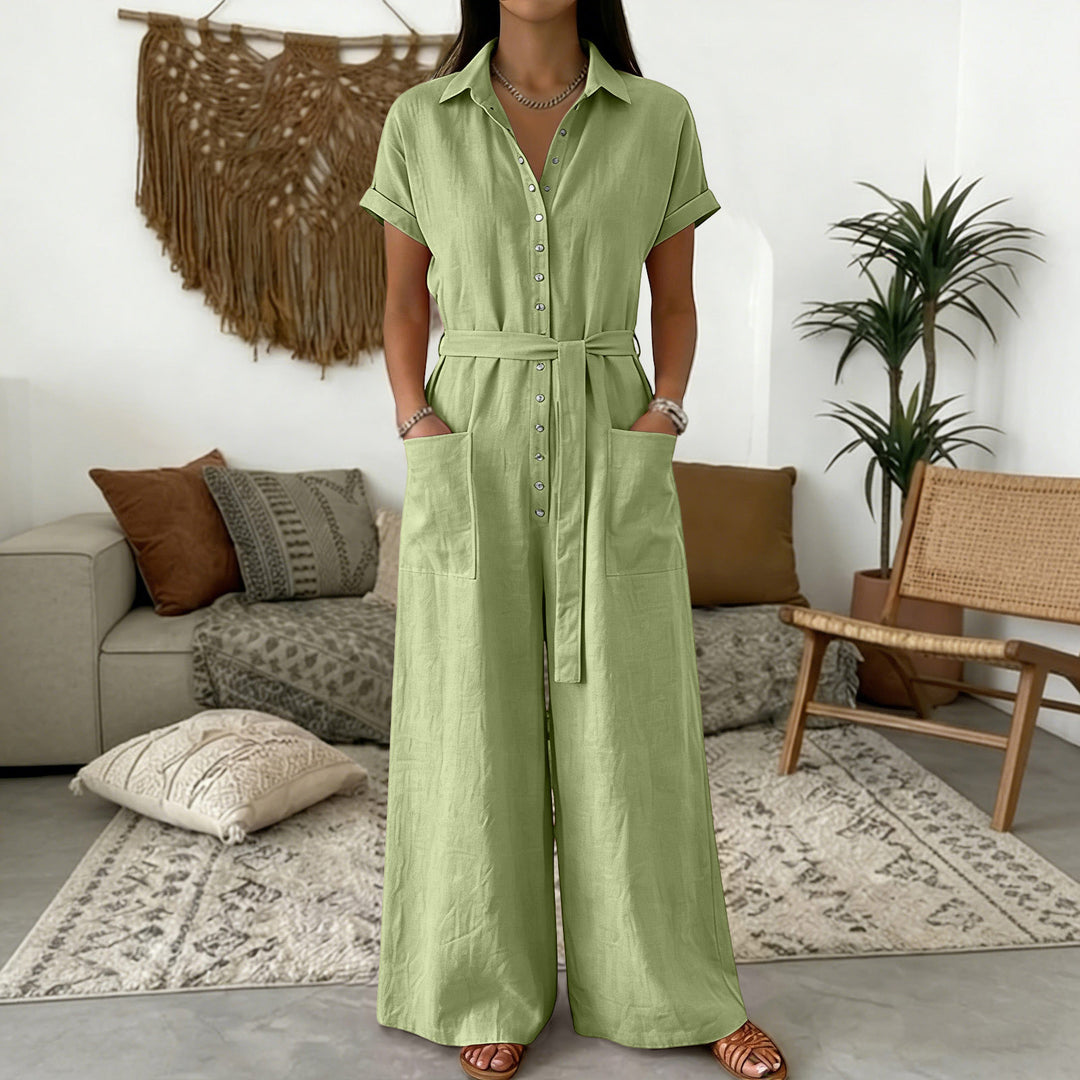 Damen Hemdblusen-Jumpsuit mit weitem Bein, Aufgesetzten Taschen und Bindegürtel – Élovi