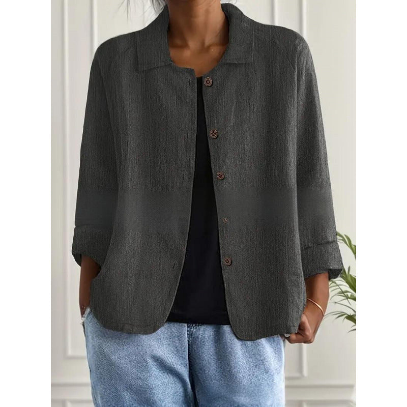 Damen Leichte Leinenoptik-Bluse mit lockerer Passform, 3/4-Ärmeln und Knopfleiste – Élovi
