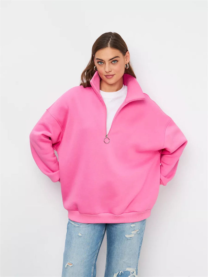 Damen Oversized Halbzip Sweater mit hohem Stehkragen und Rippbündchen – Auréline