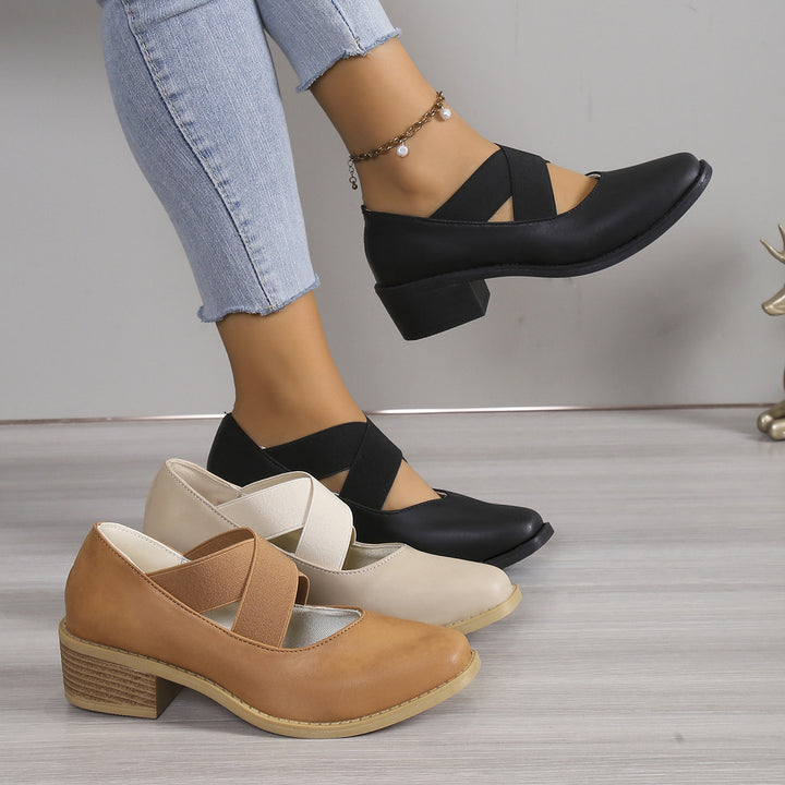 Damen Slipper-Pumps mit kreuzenden Elastikriemen und Blockabsatz Echoarchiv