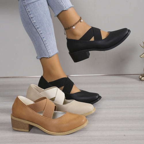 Damen Slipper-Pumps mit kreuzenden Elastikriemen und Blockabsatz Echoarchiv