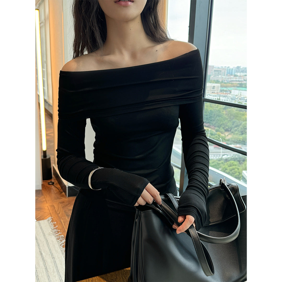 Damen Off-Shoulder figurbetontes Langarm-Shirt aus Stretch‑Jersey Echoarchiv