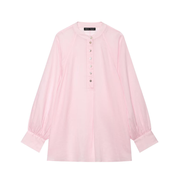 Damen Oversize-Bluse mit Stehkragen, durchgehender Knopfleiste und ballonärmeln Echo Archiv