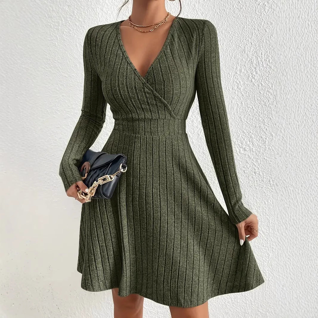 Damen Wickelkleid mit langen Ärmeln und gerippter Textur Echoarchiv
