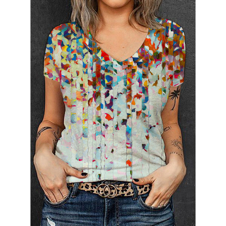 Damen V-Ausschnitt T-Shirt mit floralem Muster und Glitzerakzenten Echo Archiv