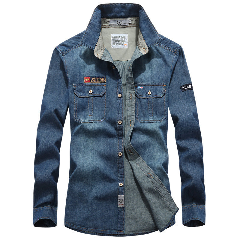 Herren Jeanshemd im Worker‑Style mit Brustklappen, Vintage‑Waschung und Badge‑Details – Arvello