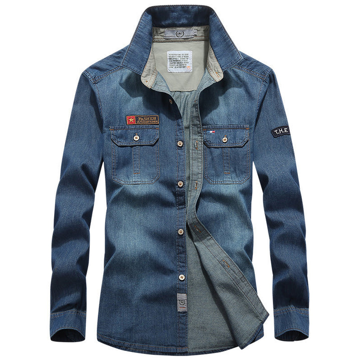 Herren Jeanshemd im Worker‑Style mit Brustklappen, Vintage‑Waschung und Badge‑Details – Arvello