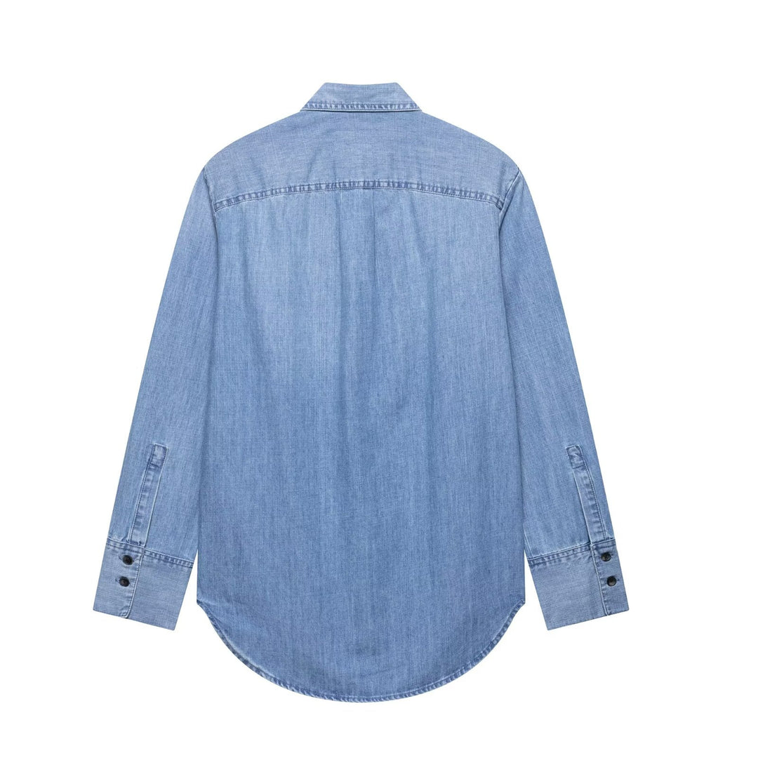 Damen nan Chambray-Bluse mit Rüschenknopfleiste, Hemdkragen und verlängertem Saum Echo Archiv