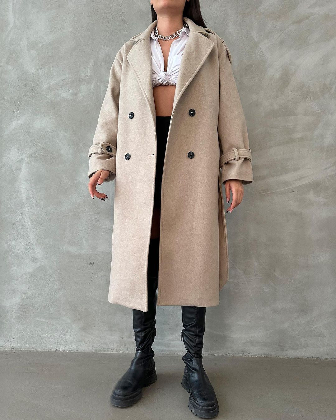Damen Oversize Wollmix-Mantel mit doppelreihiger Knopfleiste und Taillengürtel Echoarchiv