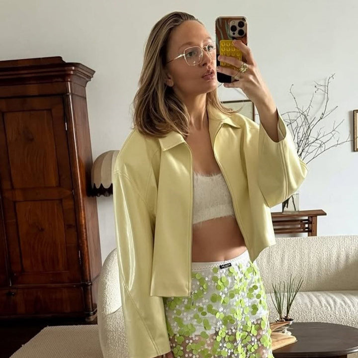 Damen Tailliertes Zip-Blouson-Set mit Hemdkragen und Midirock Echoarchiv