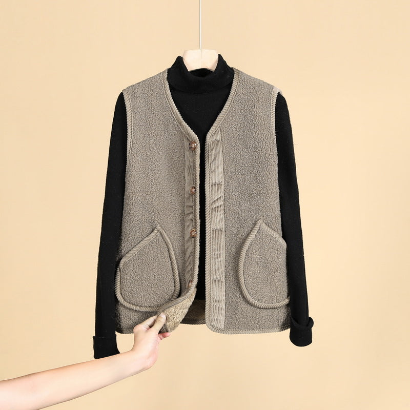Damen Ärmellose Thermofleece-Weste mit Knopfleiste und Rundtaschen – Avérine