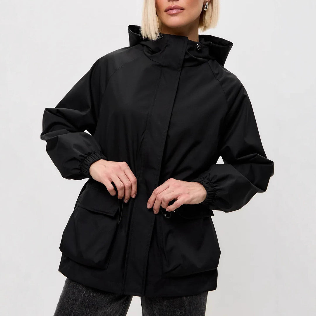 Damen wasserdichte Parka-Jacke mit Kapuze, Tunnelzugtaillierung und XXL-Klappentaschen – Célinea