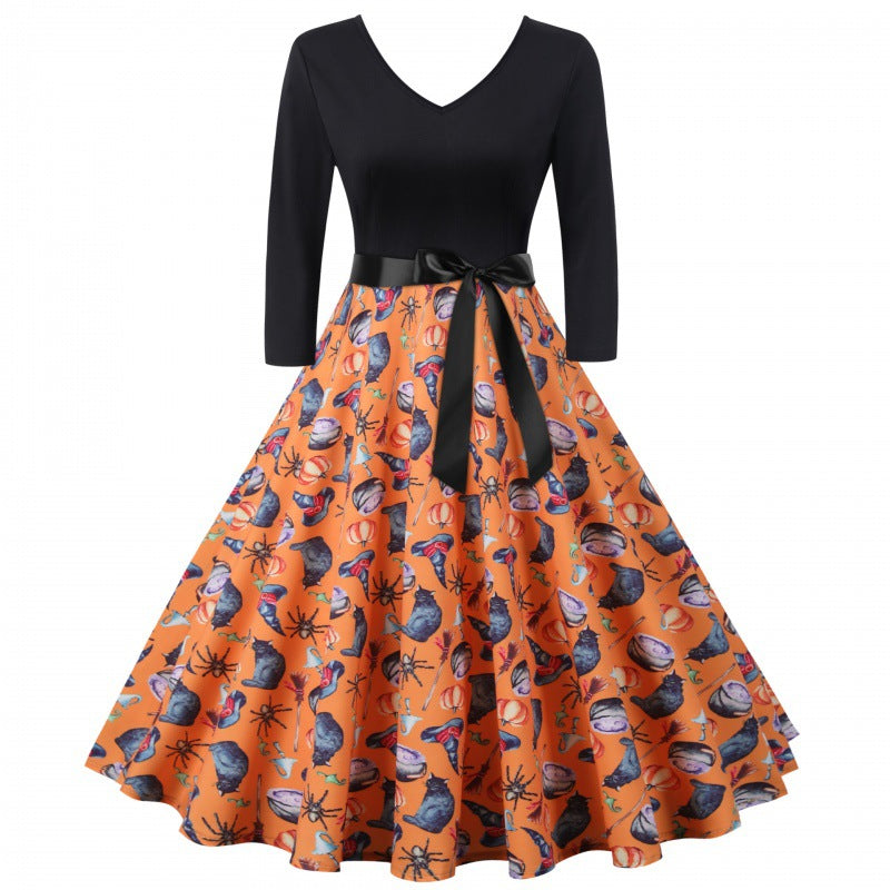 Damen Vintage-inspiriertes Swingkleid mit V-Ausschnitt, Dreiviertelärmeln und voluminösem Tellerrock – Élara