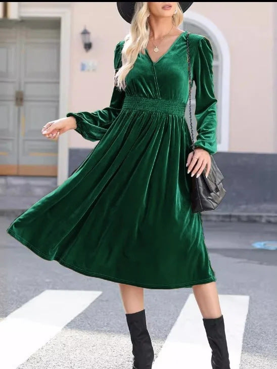 Damen Midikleid aus Samt mit V-Ausschnitt, geraffter Smock-Taille und langen Ballonärmeln – Élara
