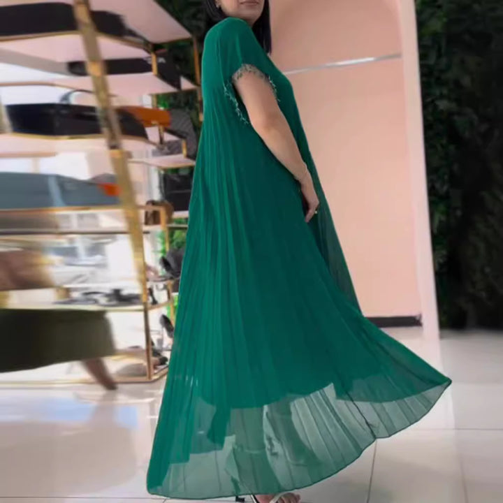 Damen nan elegantes Chiffon-Faltenmaxikleid mit weitem Schwingrock und Quastenärmeln Echo Archiv
