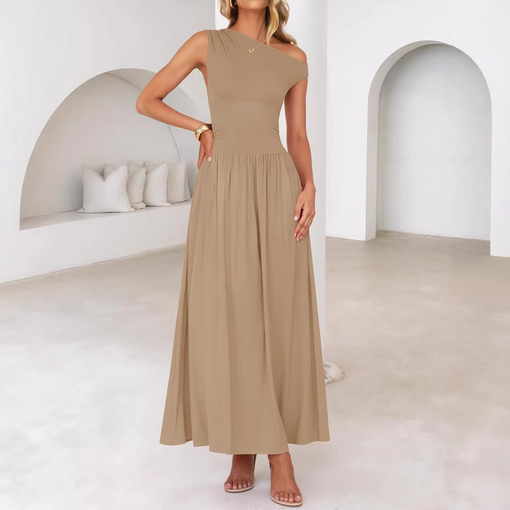 Damen Asymmetrisches Maxikleid mit One-Shoulder, Taillenbetonung und Seitentaschen Echo Archiv