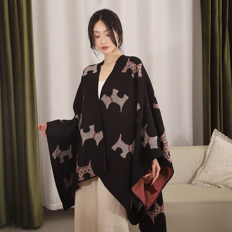 Damen Reversibler Wollmix-Umhang mit Terrier-Jacquardmuster – Avérine