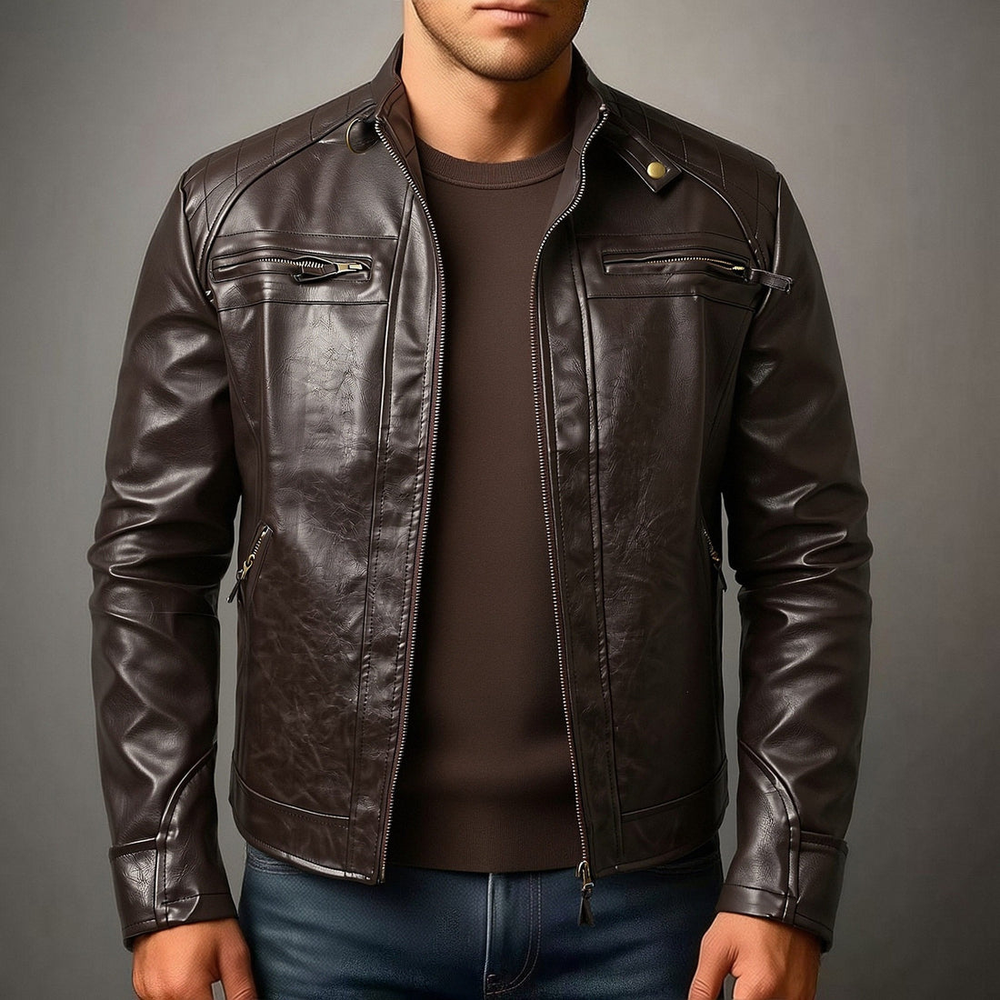 Herren Biker-inspirierte Kunstlederjacke mit Stehkragen, gesteppter Schulterpartie und Reißverschlusstaschen Echo Archiv